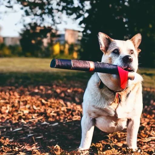 Prompt: a photo of a dog in a park with a small cigar in his mouth