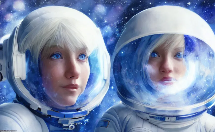 Image similar to portrait of a blue-eyed girl with white hair in a space suit against the background of space, painting by Craig Mullins, octane rendering, soft morning lighting, wide angle lens, in the style of Hayao Miyazaki, trending on artstation,