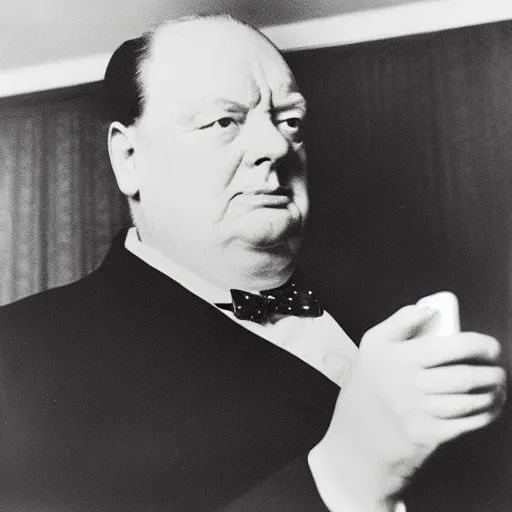 Prompt: A black and white photograph, circa 1940s, of Winston Churchill using a smartphone