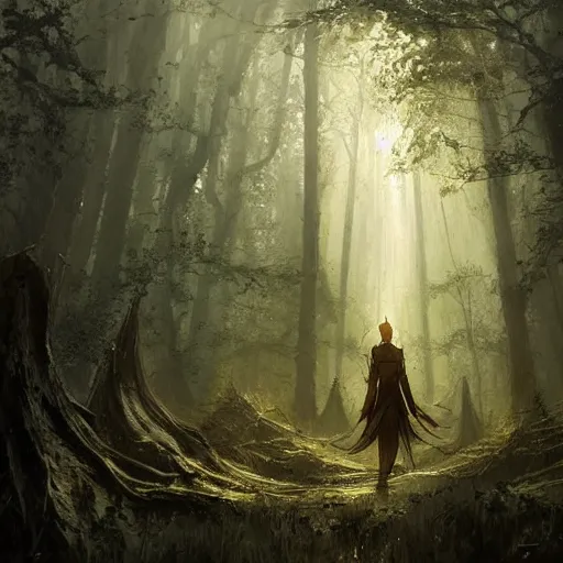 Image similar to a high elf standing in a fairy tale forest, soft lighting, greg rutkowski