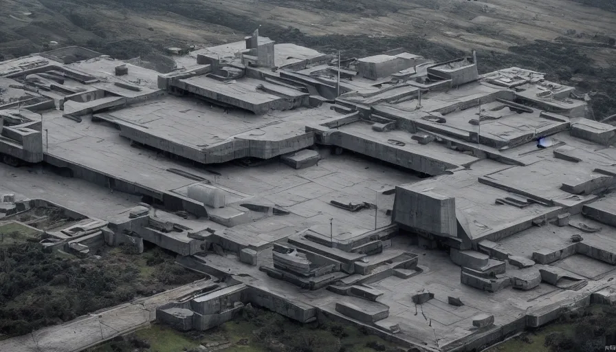 Image similar to big brutalist military base on clliffs, drawing architecture, very long shot, top angle, pritzker architecture prize, science fiction, control the game, brutalism, earthbound, jan urschel