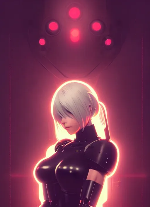 Image similar to symmetry portrait of a 2 from nier automata, sci - fi, tech wear, glowing lights intricate, elegant, highly detailed, digital painting, artstation, concept art, smooth, sharp focus, illustration, art by artgerm and greg rutkowski and alphonse mucha