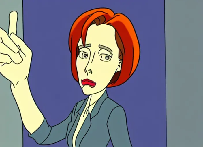 Prompt: an animation still of dana scully, in the style of studio ghibli, traditional animation, sharp detail, animation cel