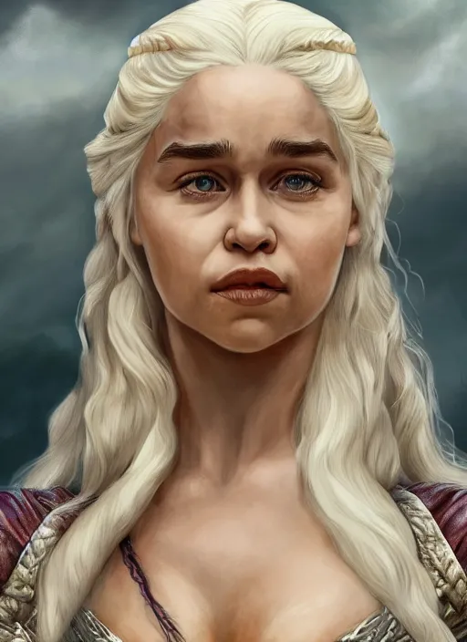 Prompt: emilia clarke as queen daenerys stormborn, by anne stokes and larry elmore, detailed matte painting, realistic portrait, symmetrical, highly detailed, digital painting, artstation, concept art, smooth, sharp focus, illustration, cinematic lighting, 8 k resolution