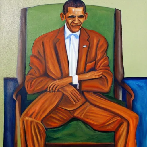 Prompt: a painting by Okeke Chukwuka Francis of Barak Obama sitting in a chair
