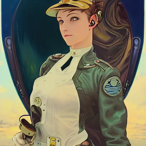 Prompt: A female airship pilot, dieselpunk, oil on canvas, in the style of Range Murata and Alphonse Mucha