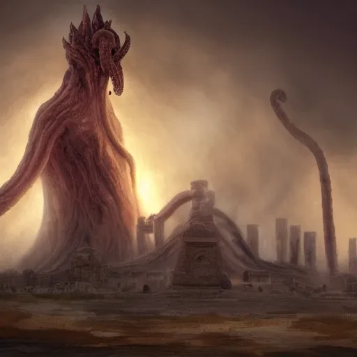 Prompt: Giant smoke monster coming out of the ground, thick swirling smoke, Nyarlathotep, Tentacles, mist, dramatic lighting, Byzantine ruins, surrounded by priests, worshipers, desert, cinematic, trending on artstation