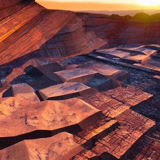 Image similar to bottom-up view huge deep stone quarry landscape quarry of dirty iron ore in the evening light golden hour, atmospheric lighting, 8k resolution, best color graded, vray beautiful, hyper-realistic render W 1920 H 1080