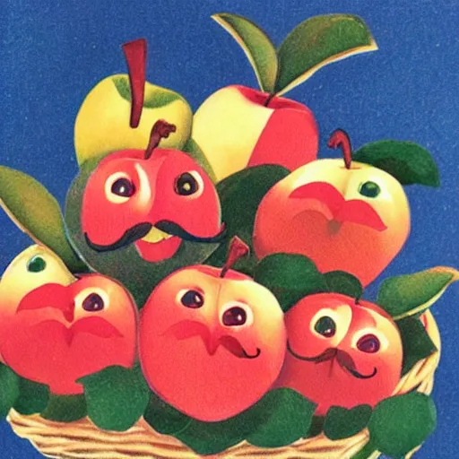 Image similar to anthropomorphic apples with mustaches and hats in a fruit basket