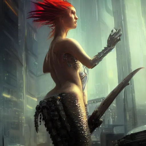 Image similar to cyberpunk mermaid, oil painting, Tooth Wu, Greg Rutkowski, RPG portrait, dynamic lighting, fantasy art, High contrast, depth of field