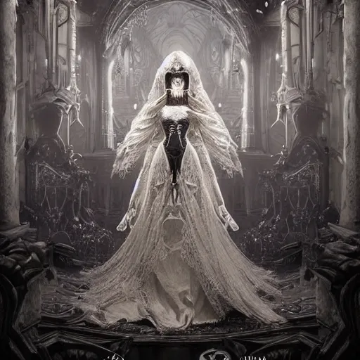 Image similar to female gothic robots with human organ and face, dressed in white intricate lace, veils and jewels, epic environment, matte painting, diffused lighting, highly detailed, cinematic, epic atmosphere, digital art, trending on artstation, wide angle