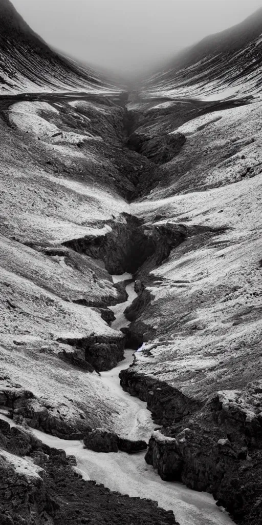 Image similar to dream looking through a hyper realistic photograph of a ice covered canyon, minimal structure, futureistm landscape, misty, icelandic valley, small stream over black rock, timed exposure, in the style of reuben wu, roger deakins