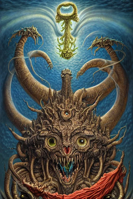 Image similar to A beautiful detailed grotesque godness monster super cute tarot card, by tomasz alen kopera and Justin Gerard, symmetrical features, ominous, magical realism, texture, intricate, ornate, royally decorated, mechanic, skeleton, whirling smoke, embers, red adornements, blue torn fabric, radiant colors, fantasy, trending on artstation, volumetric lighting, micro details, 3d sculpture, ray tracing, 8k, anaglyph effect, digital art