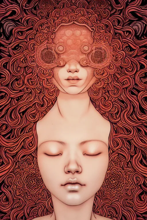 Image similar to realistic detailed image of women floating in a padded room, conjuring psychedelic background, part by takato yamamoto, part by alex gray, ross tran, james jean, ultra realistic, octane render, highly detailed, 8 k, trending on artstation, cosmic, symmetry, masterpiece