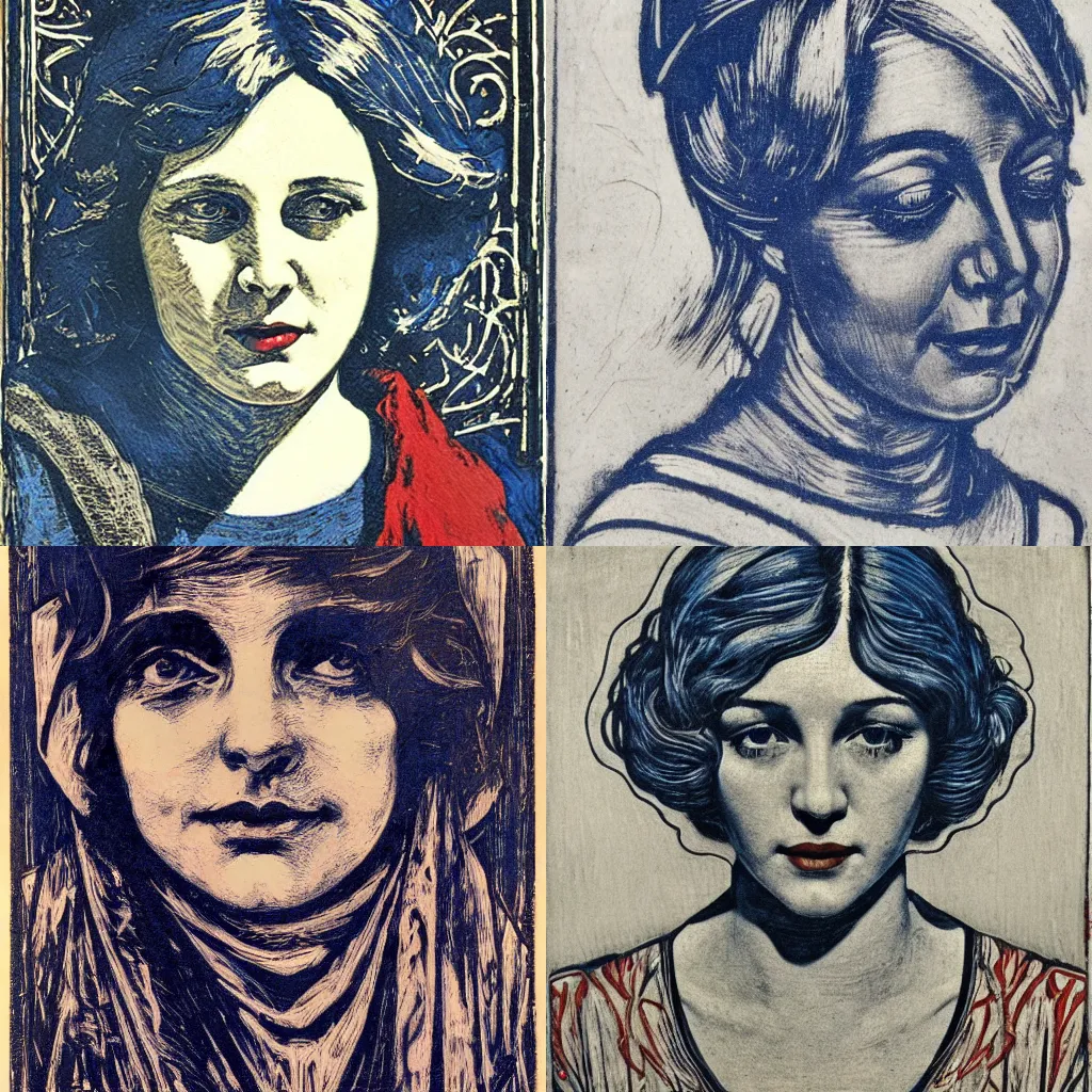 Prompt: portrait, realism, woodcut, art nouveau ( 1 9 2 2 ), joyous, pyrrol scarlet, titanium white, phthalo blue, stathmore 4 0 0, 3 5 mm, f 3 2, grisaille, luminous