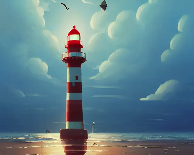 Image similar to painting of lighthouse in the sea by goro fujita, makoto shinkai, simon stalenhag, cinematic shot, exquisite lighting, clear focus, brush stroke, plain background, soft painting