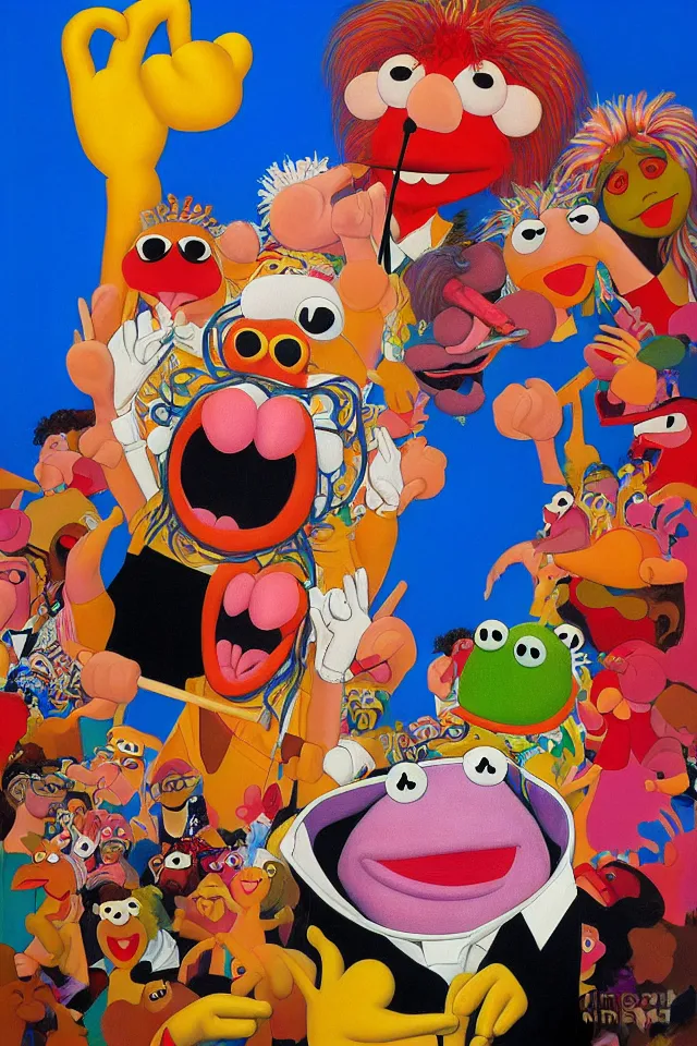 Prompt: painting of the muppet show character animal drummer head banging to the tune of groove is in the heart, we're going to dance and have some fun, painted by james jean and fernando botero