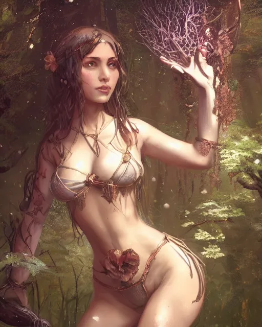 Image similar to A beautiful maid wearing a magical bikini posing in a magical forest, beautiful face, highly detailed face, close-up, fantasy art, in the style of greg rutkowski, illustration, epic, fantasy, intricate, hyper detailed, artstation, concept art, smooth, sharp focus