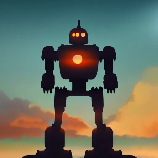 Prompt: Iron Giant at sunset, 4k, trending on artstation, dramatic lighting, highly detailed, cinematic,