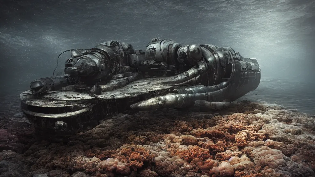 Image similar to a photorealistic dramatic hyperrealistic underwater render of an deep sea submersible, ultra realistic details, glossy surface, well worn, rust, oil stains designed by vitaly bulgarov and mike nash, beautiful dramatic dark moody tones and lighting, cinematic atmosphere, global illumination, shadows, dark background, octane render, 8 k