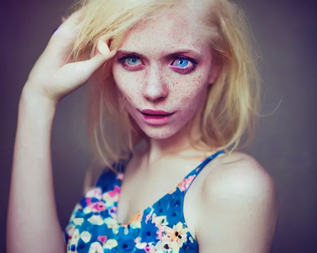 Image similar to pale young woman with bright blonde hair, freckles, blue eyes and a wide face, flowery dress, using a professional slr camera close to her face, dramatic lighting, bright flare, surreal art by anna nikonova