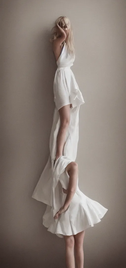 Image similar to cute annie leonhart in open toe heels in a white dress in a white room, beautiful face, pale skin, rule of thirds, cinematic lighting, rainy weather, melancholy atmosphere, sharp focus, backlit, stunning, model agency, smooth, hard focus, full body shot, instagram photo, shot on sony a 7 iii, hyper realistic,