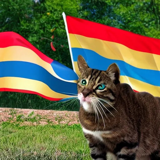 Image similar to a small cat warrior with his national flag riding a large cat steed