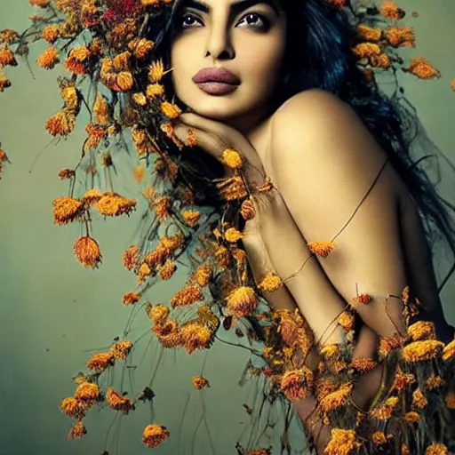 Image similar to fine art photo of the beauty goddess priyanka chopra, she has a crown of dried flowers, by oleg oprisco