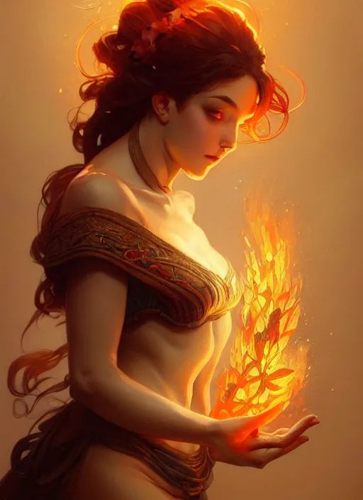 Image similar to a cute fire elemental, fantasy, intricate, elegant, highly detailed, digital painting, artstation, concept art, wallpaper, smooth, sharp focus, illustration, art by artgerm and greg rutkowski and alphonse mucha