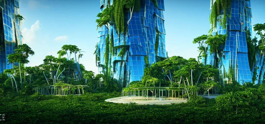 Prompt: futuristic shinny glass mirror buildings in an jungle landscape of a solarpunk with overgrown vegetation city by frank gehry and santiago calatrava, movie poster, golden ratio, evening lighting, film still, realistic, octane render redshift arnold materials unreal engine, 8 k post production, hyper detailed