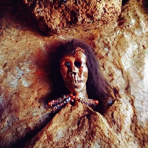 Prompt: “ surrealistic full body photo of a very primitive pre-human Neanderthal woman jewel melted in a meatball gold jewel like a mitological temple with smeralds and diamonds , anthropology photography, color kodakcrhome 64,National Geographic ”