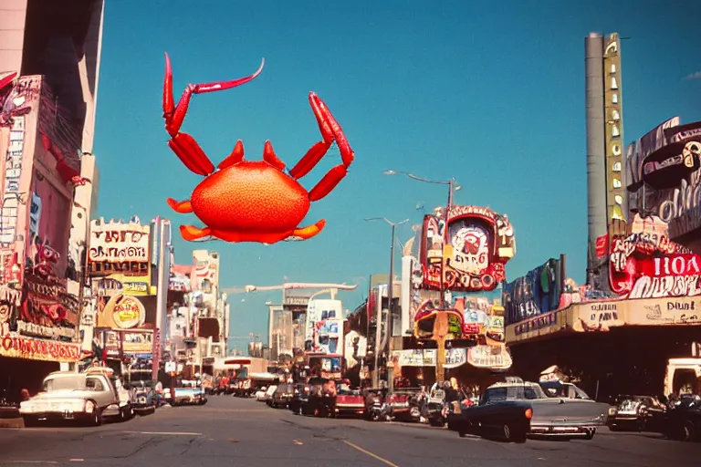 Prompt: 2 0 1 5 cute giant crab terrorizing a city, googie city, americana, fishcore, hd 8 k, photography cinestill