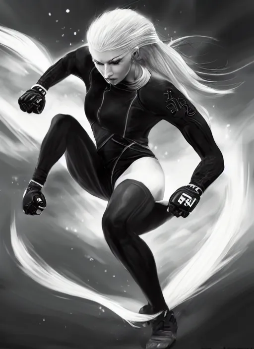 Image similar to a highly detailed illustration of fierce ponytail platinum blonde woman wearing black mma gear and gloves, dramatic powerful kicking pose, fairly muscular, athletic, intricate, elegant, highly detailed, centered, digital painting, artstation, concept art, smooth, sharp focus, league of legends concept art, WLOP