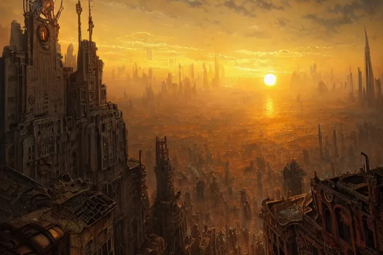 Image similar to sunset over a post apocalyptic city, fantasy, intricate, elegant, dramatic lighting, highly detailed, lifelike, photorealistic, digital painting, artstation, concept art, smooth, sharp focus, illustration, art by john collier and albert aublet and krenz cushart and artem demura and alphonse mucha