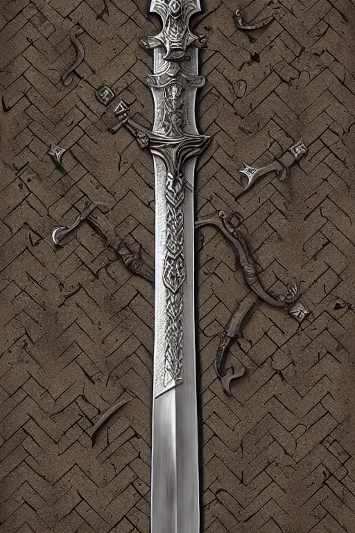 Prompt: sword of justice hanging on a wall, ornate gem in pommel, engraved blade, herringbone floor, low angle, greg rutkowski