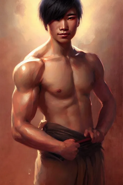 Prompt: young handsome asian male portrait dnd, muscle, painting by gaston bussiere, elena zhurikhina, goro fujita and charlie bowater