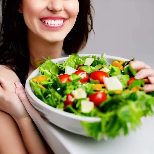 Prompt: close up headshot of a happy woman eating salad, stock photograph, studio lighting, 4k, beautiful symmetric face, beautiful gazing eyes