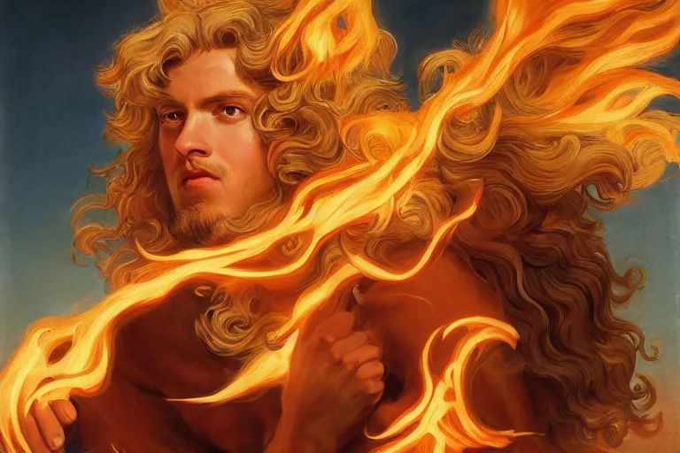 Prompt: Lucius as a demigod of scintillating radiance, long fluffy blond curly hair, wreathed in magnificent flames stalking across the battlefield, oil on canvas, golden hour, artstation, by J. C. Leyendecker and Peter Paul Rubens