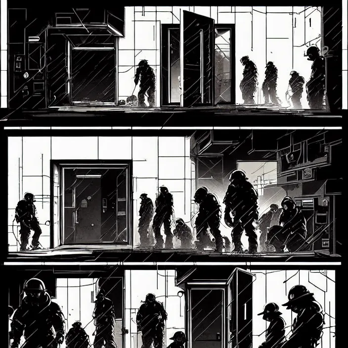 Prompt: miners wait to enter a tiny cubic building with one door. storyboard panel, scifi cyberpunk. by gabriel hardman, joe alves, chris bonura. cinematic atmosphere, detailed and intricate, perfect anatomy