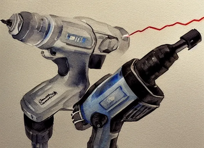 Image similar to concept art of a electril drill tool, pinterest, artstation trending, behance, watercolor, by coby whitmore, silver, laser light,