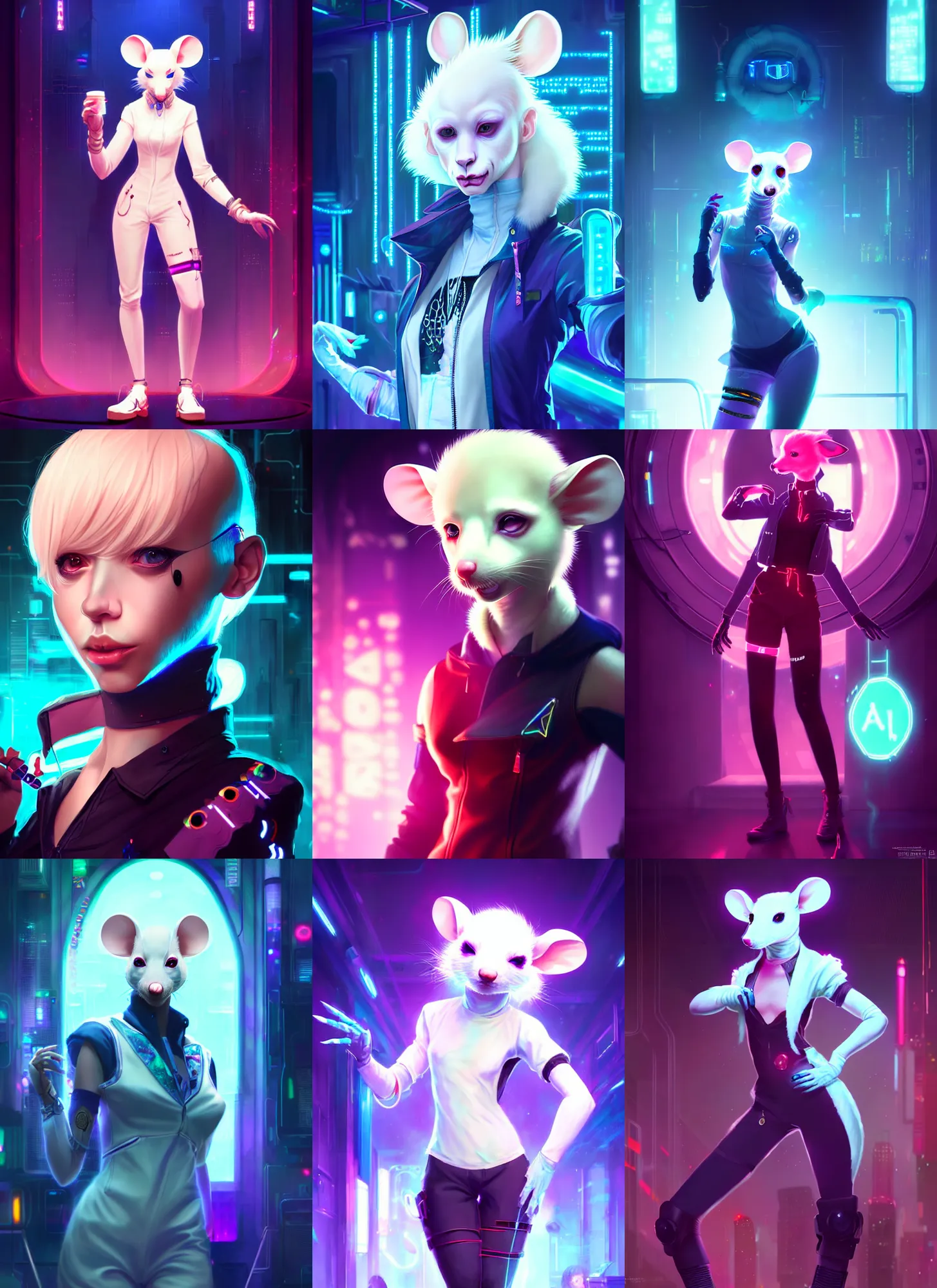 Prompt: beautiful portrait of a female anthropomorphic albino mouse fursona wearing cyberpunk clothes in a cyberpunk dance club. character design by disney, charlie bowater, ross tran, artgerm, and makoto shinkai, detailed, soft lighting, rendered in octane