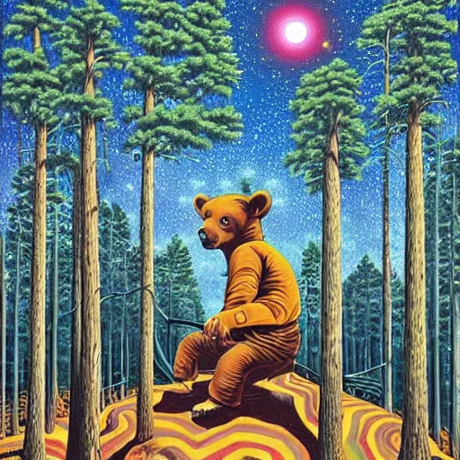 Prompt: psychedelic, trippy, cowboy, pine forest, bear, planets, milky way, cartoon by rob gonsalves