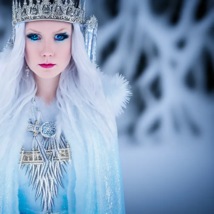 Prompt: professional photograph of a real - life ice queen with ornate robes. extremely detailed. dslr. 8 k