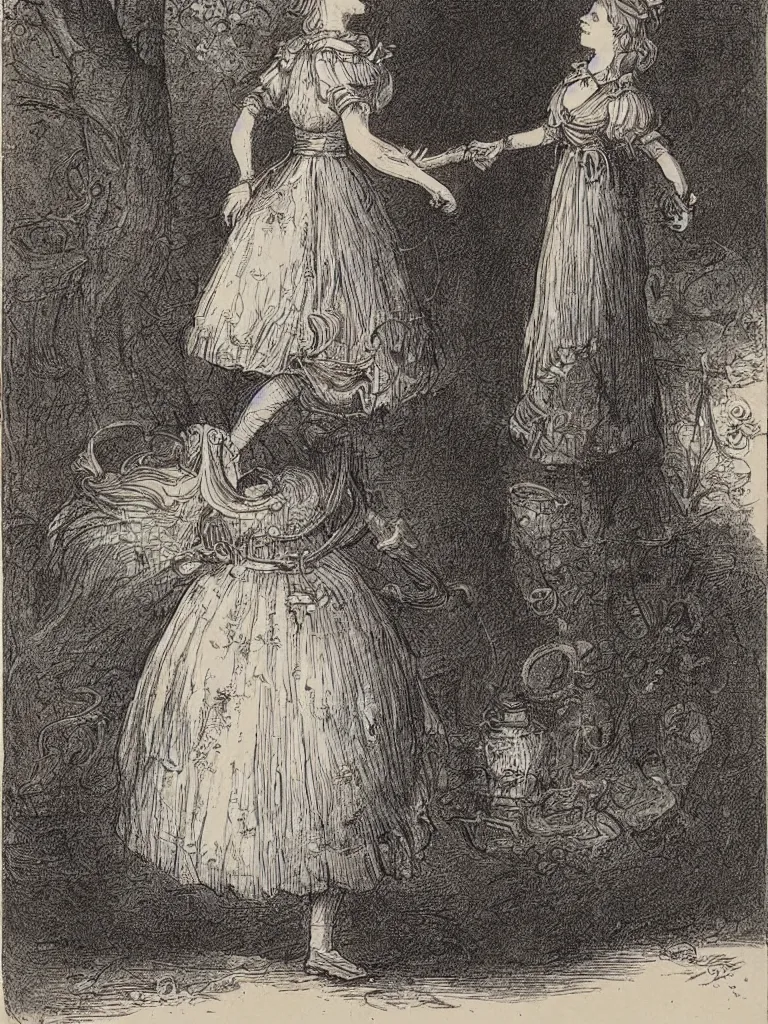 Image similar to Tenniel illustration portrait of Alice, walking in wonderland