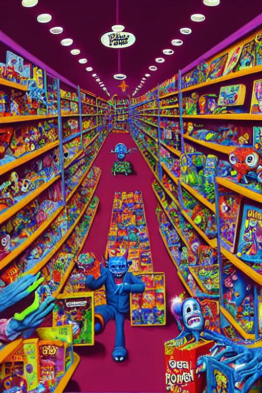 Image similar to a hyperrealistic painting of a toy store full of evil possessed toys retail horror, cinematic horror by chris cunningham, lisa frank, richard corben, highly detailed, vivid color,