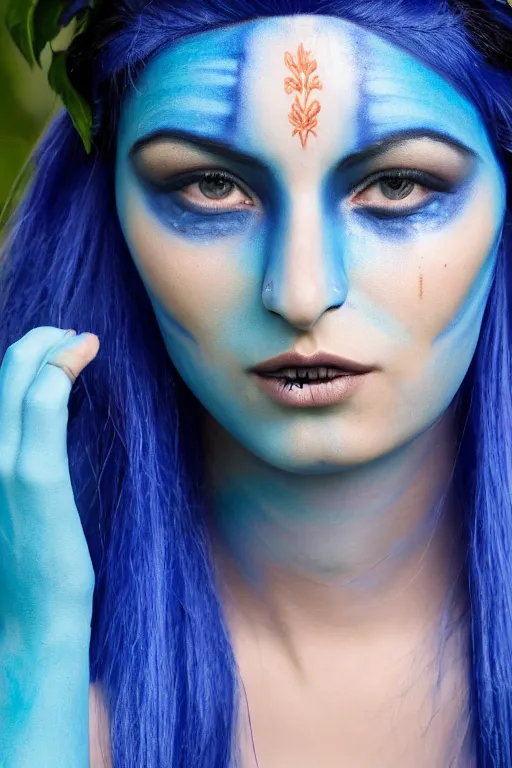 Image similar to a romanian woman dressed as a blue-skinned female navi from avatar standing in a forest, blue body paint, high resolution film still, 8k, HDR colors, cosplay, outdoor lighting, high resolution photograph, photo by bruce weber, beautiful symmetric face, beautiful gazing eyes