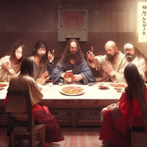 Image similar to the last supper but in a japanese restaurant, intricate, sharp focus, illustration, highly detailed, digital painting, concept art, matte, art by ruan jia and wlop and greg rutkowski, masterpiece,