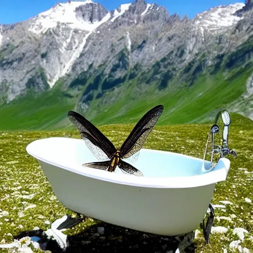 Image similar to dragonfly in a bathtub in the alps, goat!!!!!!!!!!!! herd!!! in background