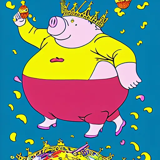 Prompt: trippy comic art of a obese pig wearing a gold crown throwing snack bags into the air, drawn by Martin Rowson, Tim Burton, Studio Ghibli, Alex Pardee, Nekro Petros Afshar, James McDermott, colors by lisa frank, unstirred paint, vivid color, cgsociety 4K