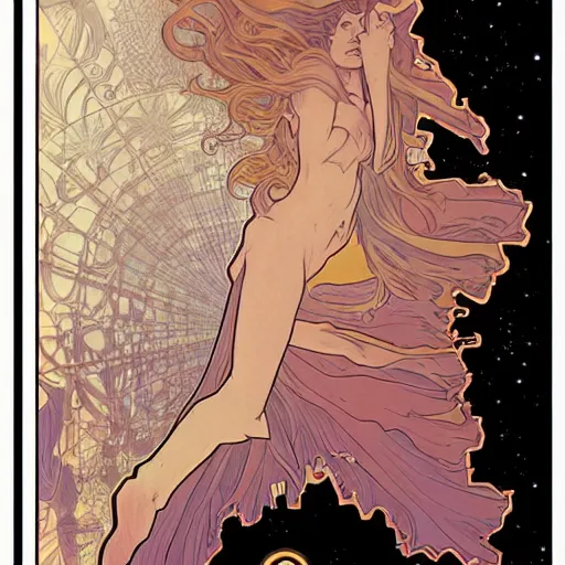 Prompt: a woman leaving her body, astral projection, astral travel, space background, cinematic, detailed, very realistic, by Alphonse Mucha, Moebius, Laurie Greasley